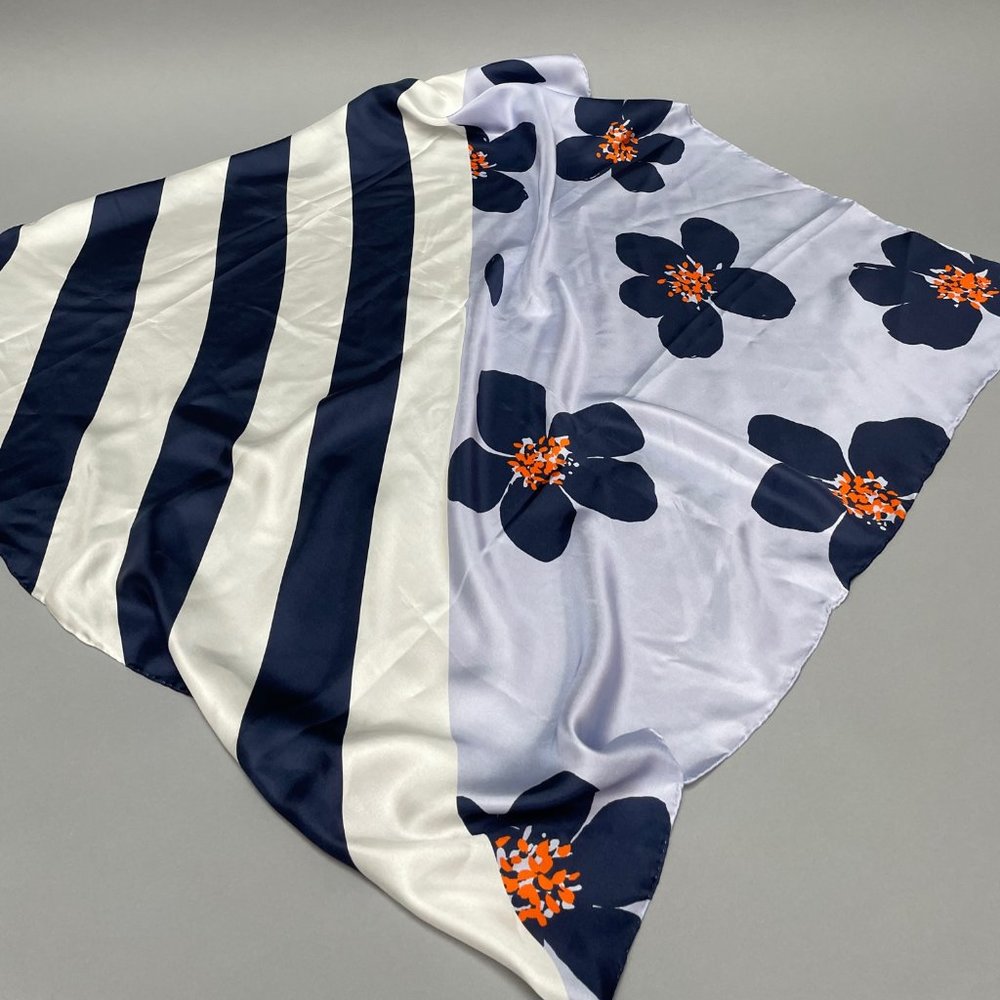 Kate Spade Large Silk Scarf - Light Blue, Navy, White, Orange, Stripes/Flowers